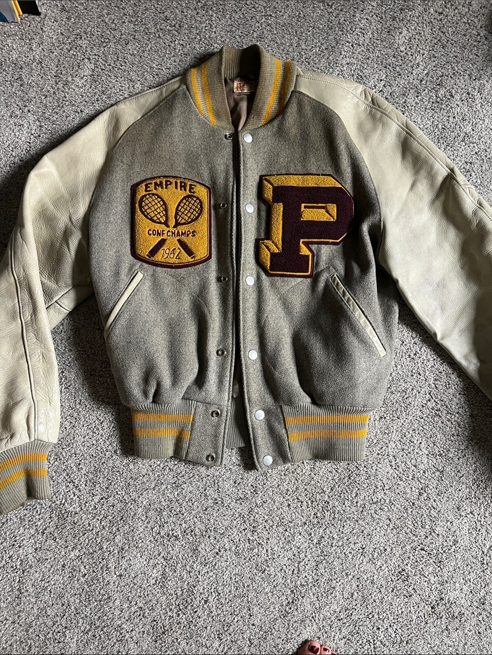 Beautiful Vintage Wool & Leather Varsity Jacket with Gold Patches